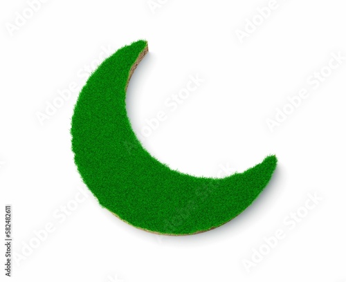 3D rendering of a crescent moon shape soil land geology cross section with green grass