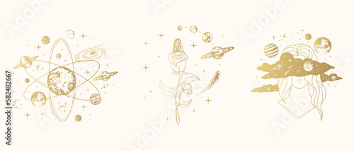 Golden celestial space compositions with woman sitting on rose, female head among clouds and planet surrounded by planets. Vector illustrations isolated on white background for greeting cards