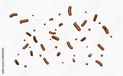 3D render of brown chocolate sprinkles floating on a white isolated background
