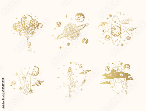 Golden celestial space compositions isolated set. Six hand drawn vector illustrations of mystical planets, galaxy, stars and Solar System for poster and greening card.