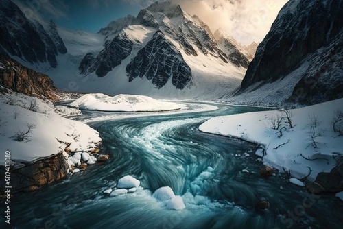 Majestic Winter Landscape of a Rushing River Through a Snowy Ravine: Generative AI