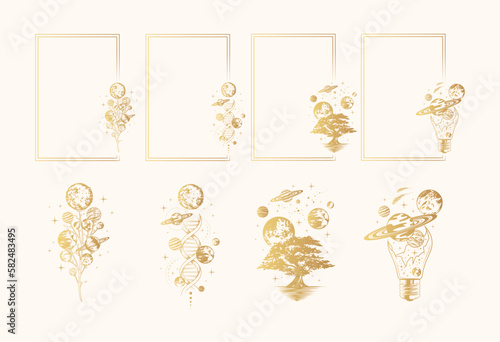 Four celestial rectangular frames and four mystical space compositions isolated set. Golden hand drawn vector illustrations for witchcraft, greeting cards and invitations. 