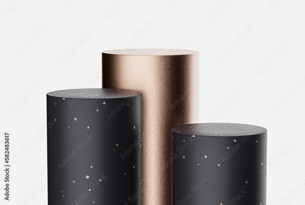 3D rendering of a rose-gold cylinder podium between two spotted black ones isolated on white 3D rendering of a rose-gold cylinder podium between two spotted black ones isolated on white