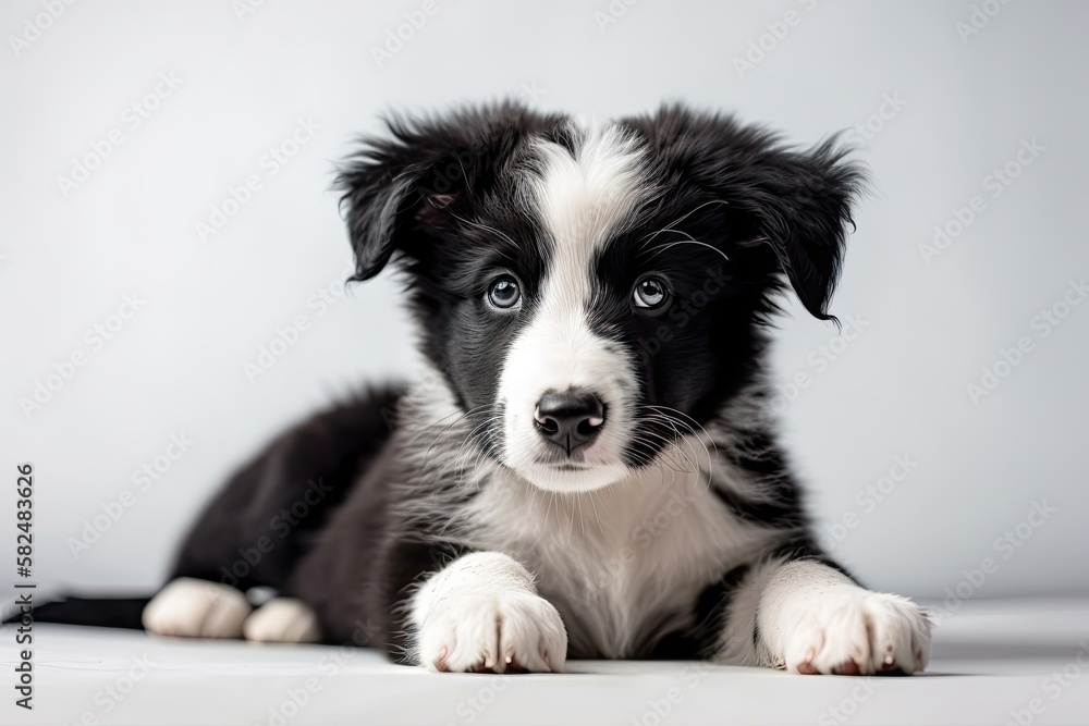 Fototapeta premium border collie puppy photo with a ball on a white background. Generative AI