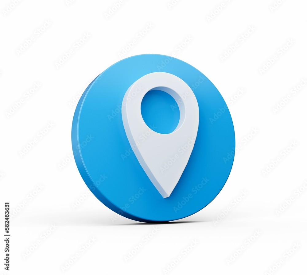 3D rendered blue circle with a location marker displayed on it, isolated on a white background
