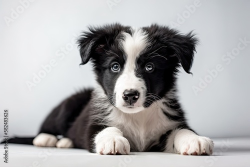 border collie puppy photo with a ball on a white background. Generative AI © AkuAku