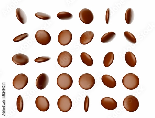 3d illustration of Brown buttons or candies Dark chocolate in front of white background