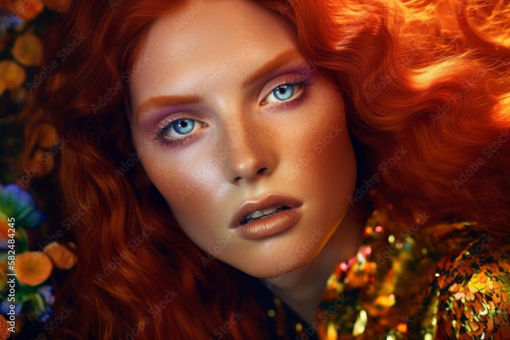 Copper-Hair Supermodel in Miles Aldridge Style: Ultra Photorealistic. Generative AI.