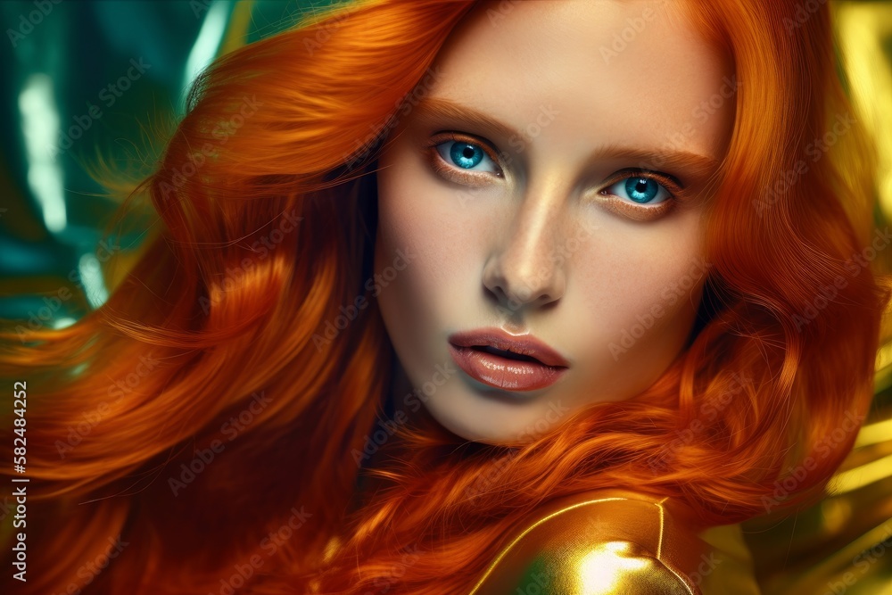 Fototapeta premium Copper-Hair Supermodel in Miles Aldridge Style: Ultra Photorealistic. Generative AI.