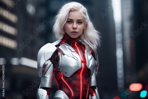 Futuristic girl in hi-tech armor standing in ultra-realistic cityscape. Generative AI.