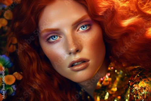 Copper-Hair Supermodel in Miles Aldridge Style: Ultra Photorealistic. Generative AI. photo