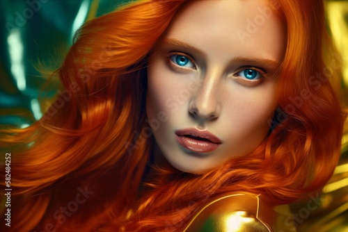 Copper-Hair Supermodel in Miles Aldridge Style: Ultra Photorealistic. Generative AI.