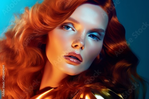 Copper-Hair Supermodel in Miles Aldridge Style: Ultra Photorealistic. Generative AI. photo