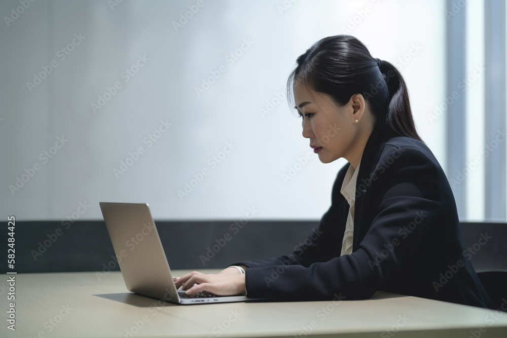 A Asian business woman sits at a desk in a suit and is typing on a laptop. Generative AI A Asian business woman sits at a desk in a suit and is typing on a laptop. Generative AI