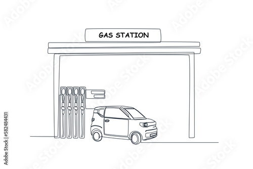 Single one-line drawing car filling up oil at the gas station. Gas station concept continuous line draw design graphic vector illustration