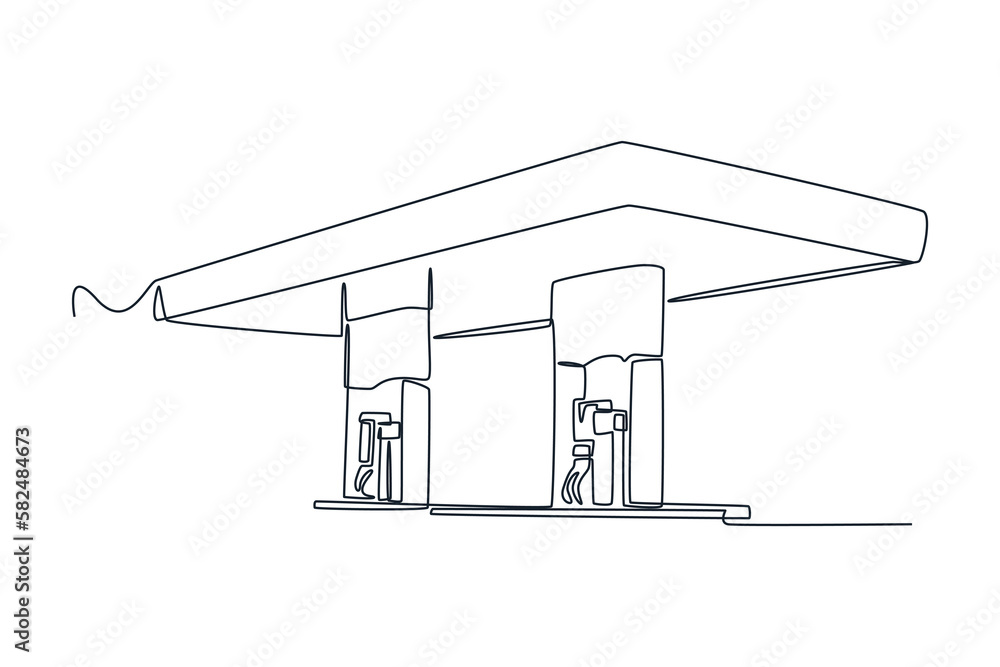Single oneline drawing of a big gas station in town. Gas station concept continuous line draw