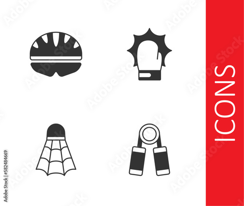 Set Sport expander, Bicycle helmet, Badminton shuttlecock and Punch boxing gloves icon. Vector