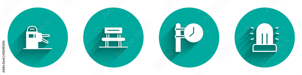 Set Turnstile, Waiting hall, Train station clock and Flasher siren icon with long shadow. Vector Set Turnstile, Waiting hall, Train station clock and Flasher siren icon with long shadow. Vector