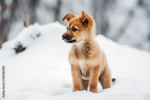 A little puppy stands in the snow and looks off in the distance. Generative AI