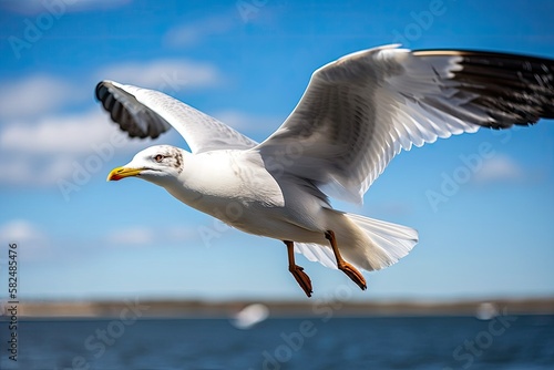 Seagull soaring with wings spread wide against a background of blue sky. Generative AI