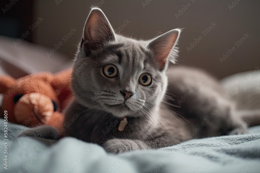 Adorable, humorous, and adorable gray fluffy home cat amusingly playing with a soft plush rabbit toy on a child's bed. The cat enjoys being petted, stroked, and basked. Cat is content in the home