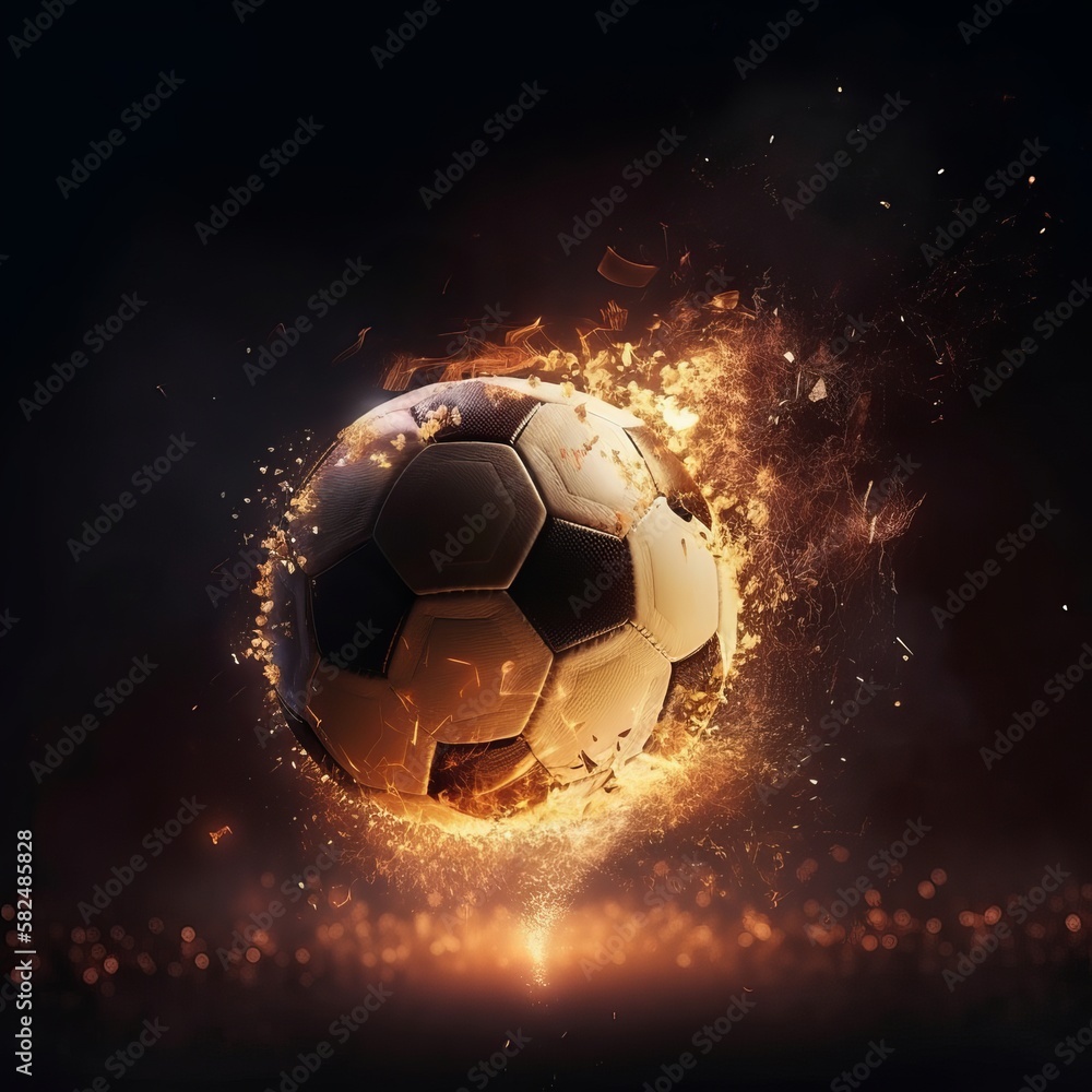 Fototapeta premium Soccer ball burning with fire on a black background Generative AI