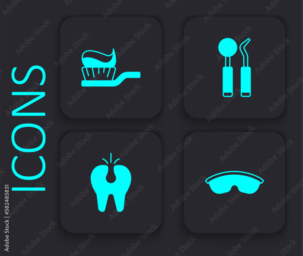 Set Safety goggle glasses, Toothbrush with toothpaste, Dental mirror and probe and Broken icon. Black square button. Vector Set Safety goggle glasses, Toothbrush with toothpaste, Dental mirror and probe and Broken icon. Black square button. Vector