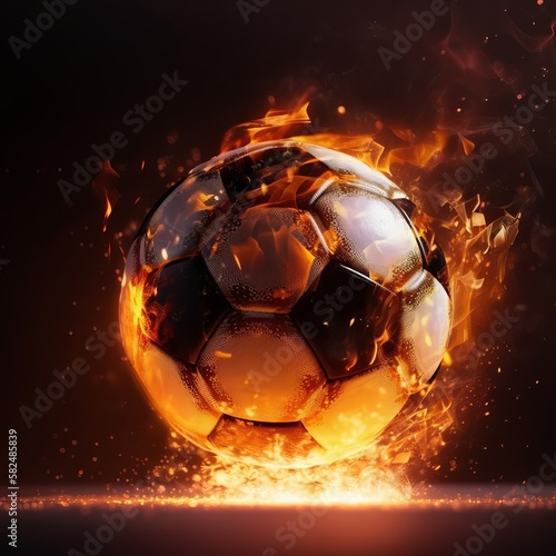Soccer ball burning with fire on a black background Generative AI
