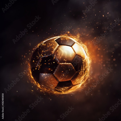 Soccer ball burning with fire on a black background Generative AI