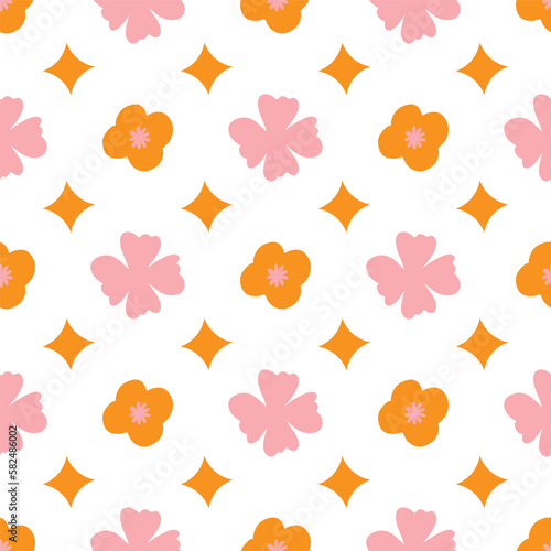 70s Retro flowers pattern. Seamless retro flowers background . Groovy naive flowers pattern pinkn yellow, red chamomile daisy