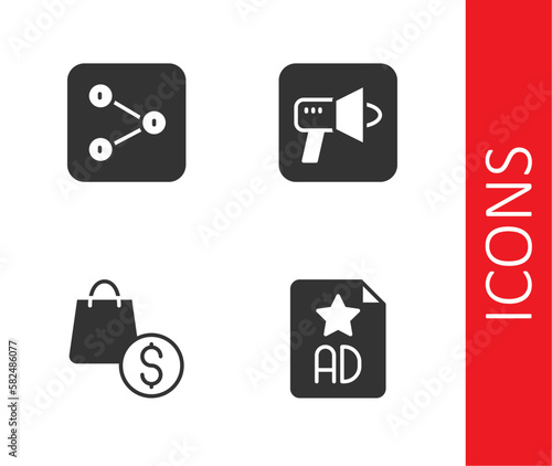 Set Advertising, Share, shopping bag and dollar and Megaphone icon. Vector