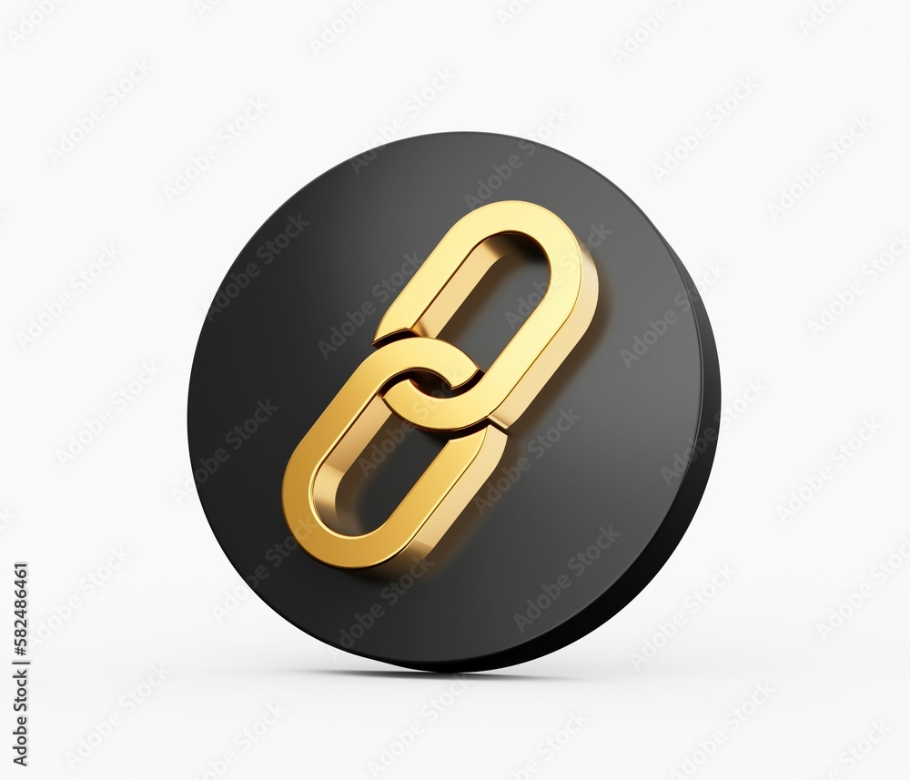 3D rendering of a gold chain link symbol on a black circle isolated on a white background 3D rendering of a gold chain link symbol on a black circle isolated on a white background