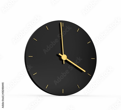 3D rendering of a minimalist black and gold clock isolated on a white background