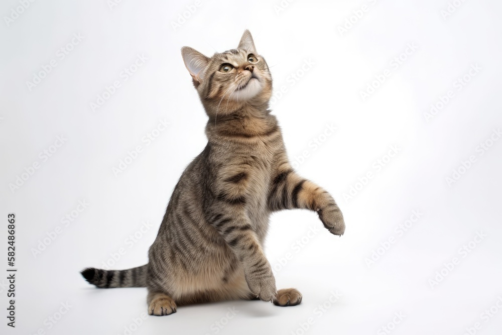 Funny and playful tabby cat sitting alone on white background. Generative AI