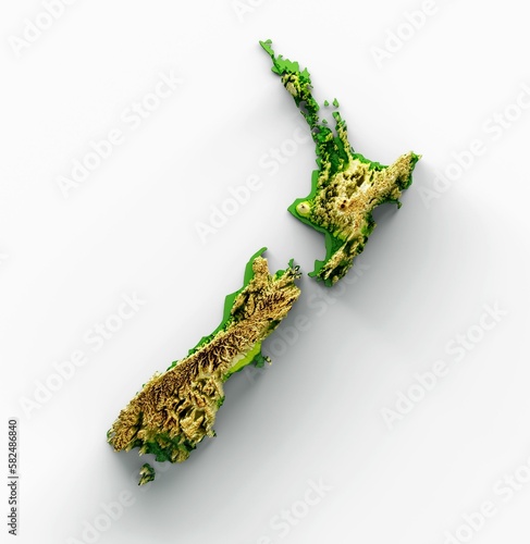 3d illustration of New Zealand Map Shaded relief Color Height map on white Background
