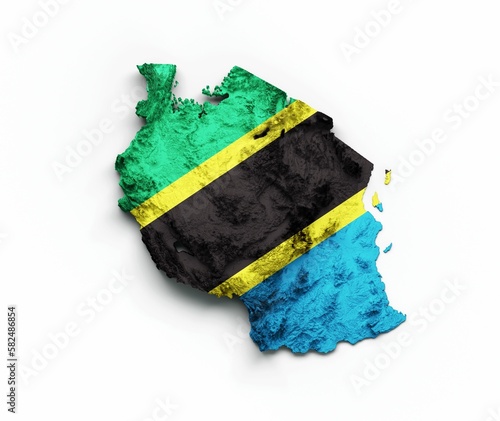 3d illustration of Tanzania Map Flag Shaded relief Color Height map on white Background