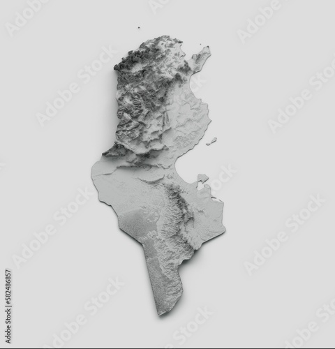 3d illustration of Tunisia Map Flag Shaded relief Color Height map on white Background