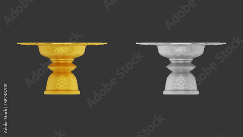 element of gold and silver pedestal tray with thai culture pattern. thailand travel.