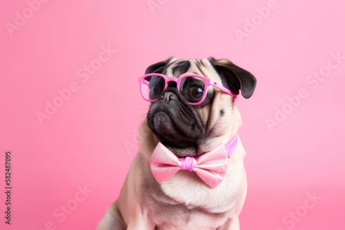 On a pink background, a funny Pug dog wears pink glasses. Generative AI © AkuAku