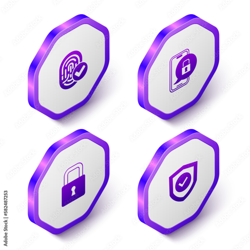 Set Isometric Fingerprint, Mobile with closed padlock, Lock and Shield check mark icon. Purple hexagon button. Vector Set Isometric Fingerprint, Mobile with closed padlock, Lock and Shield check mark icon. Purple hexagon button. Vector