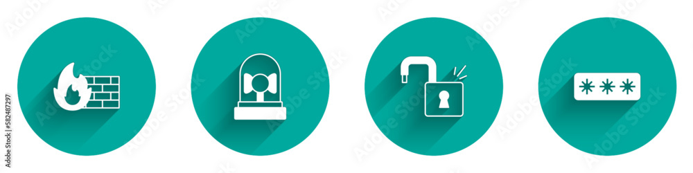 Set Firewall, security wall, Ringing alarm bell, Open padlock and Password protection icon with long shadow. Vector Set Firewall, security wall, Ringing alarm bell, Open padlock and Password protection icon with long shadow. Vector