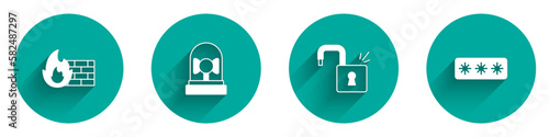 Set Firewall, security wall, Ringing alarm bell, Open padlock and Password protection icon with long shadow. Vector