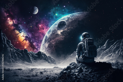 Amazed astronaut on the moon surface watches another planet. Space and universe exploration concept. Ai generated