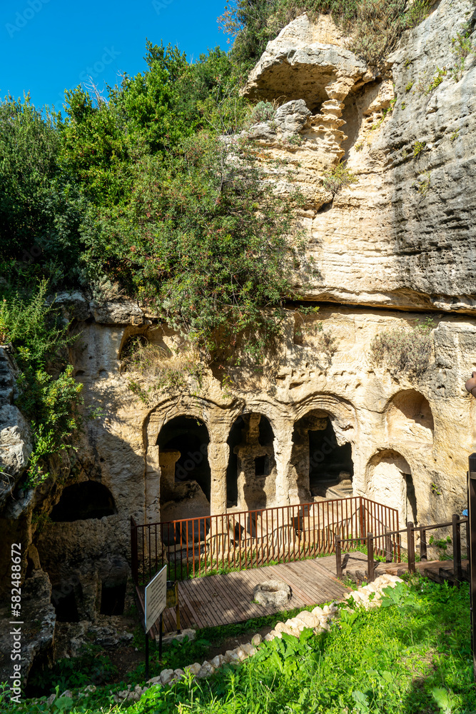 Beşikli (Cradle) cave which is tombs of the kings near Titus Vespasianus Tunnel in the Çevlik ruins area of Samandag, Hatay.