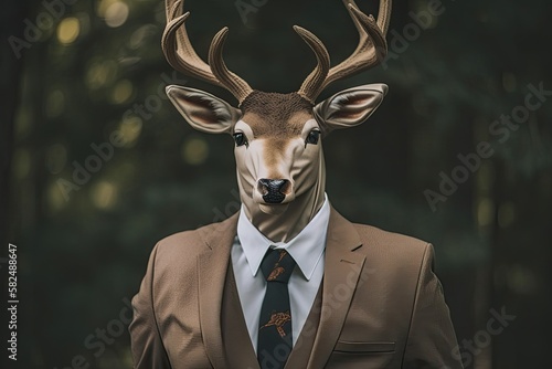 Picture of a horned deer dressed in a professional suit. Generative AI © AkuAku