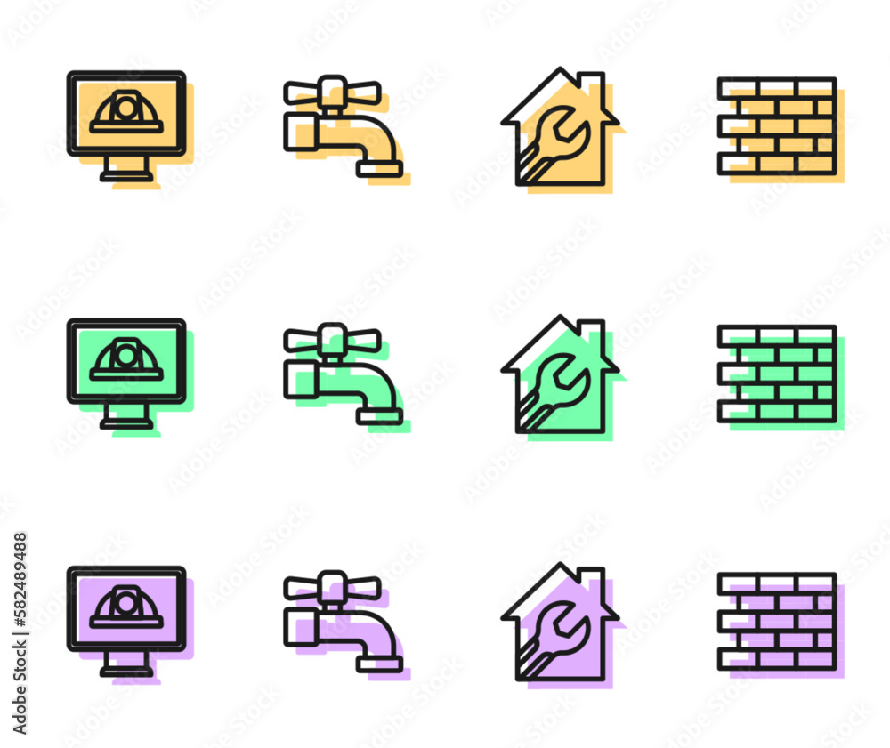 Set line House with wrench spanner, Worker safety helmet, Water tap and Bricks icon. Vector Set line House with wrench spanner, Worker safety helmet, Water tap and Bricks icon. Vector