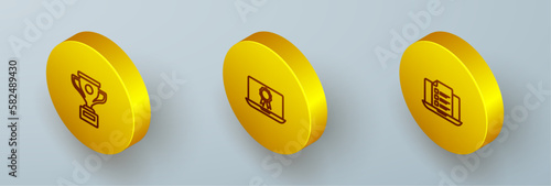 Set Isometric line Award cup, Online education with diploma and quiz, test, survey icon. Vector