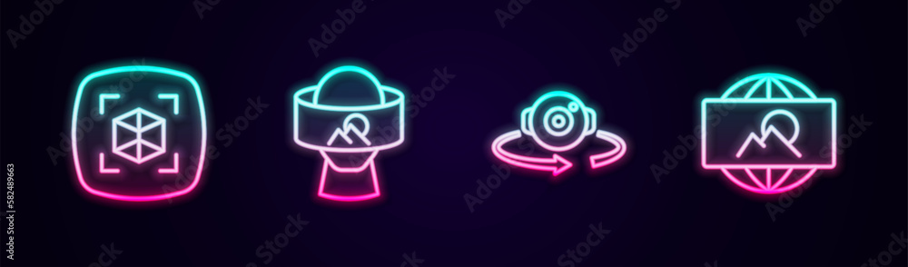 Set line 3d modeling, Virtual reality glasses, 360 degree view and Wide angle picture. Glowing neon icon. Vector Set line 3d modeling, Virtual reality glasses, 360 degree view and Wide angle picture. Glowing neon icon. Vector