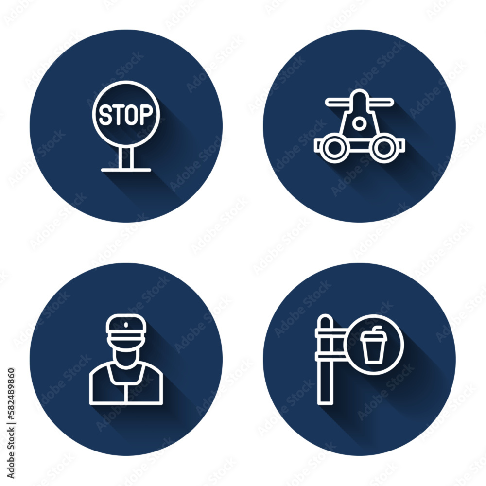 Set line Stop sign, Handcar transportation, Train conductor and Cafe restaurant location with long shadow. Blue circle button. Vector Set line Stop sign, Handcar transportation, Train conductor and Cafe restaurant location with long shadow. Blue circle button. Vector