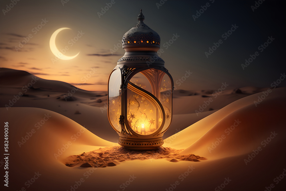 Arabic lantern with burning candle shining at night, moon over sandy desert, Ramadan, Generative AI 6 Arabic lantern with burning candle shining at night, moon over sandy desert, Ramadan, Generative AI 6